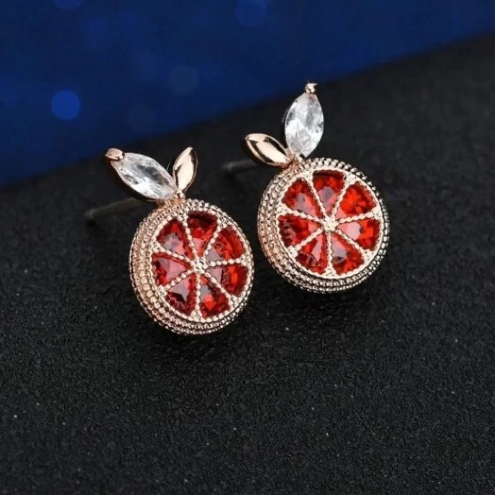 Jeweled Orange Diamond Fruit Gold Stud Minimalist Dainty Luxury Unique Earrings